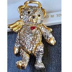 Vintage Articulated Silver-Tone Angel Bear Brooch Pendant Combo